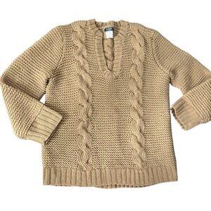 J.Crew Handknit Wool Cable Knit Sweater Camel Tan Split V-Neck Chunky Coastal L